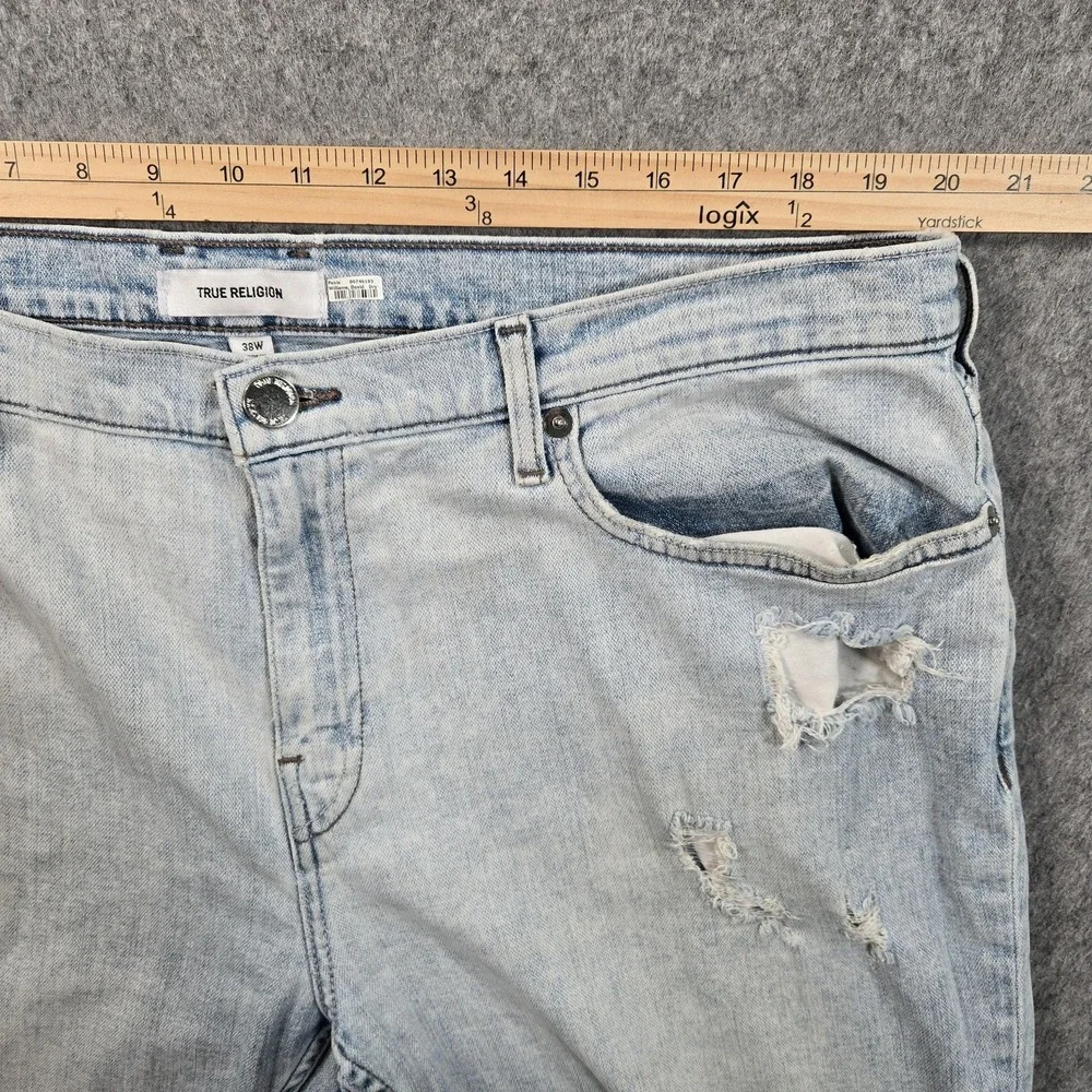 True Religion Jeans Mens 38x32 Blue Skinny Slim Distressed Light Wash Stretch